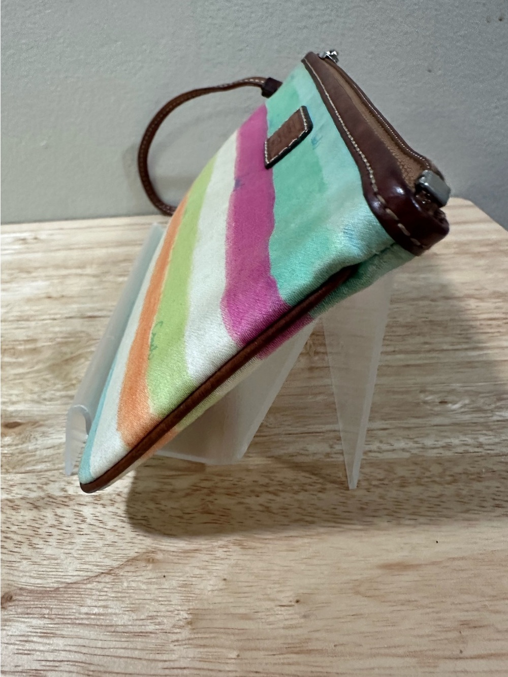 Coach Striped Multicolor Canvas Wristlet with Brown Leather Trim - Picture 7 of 15